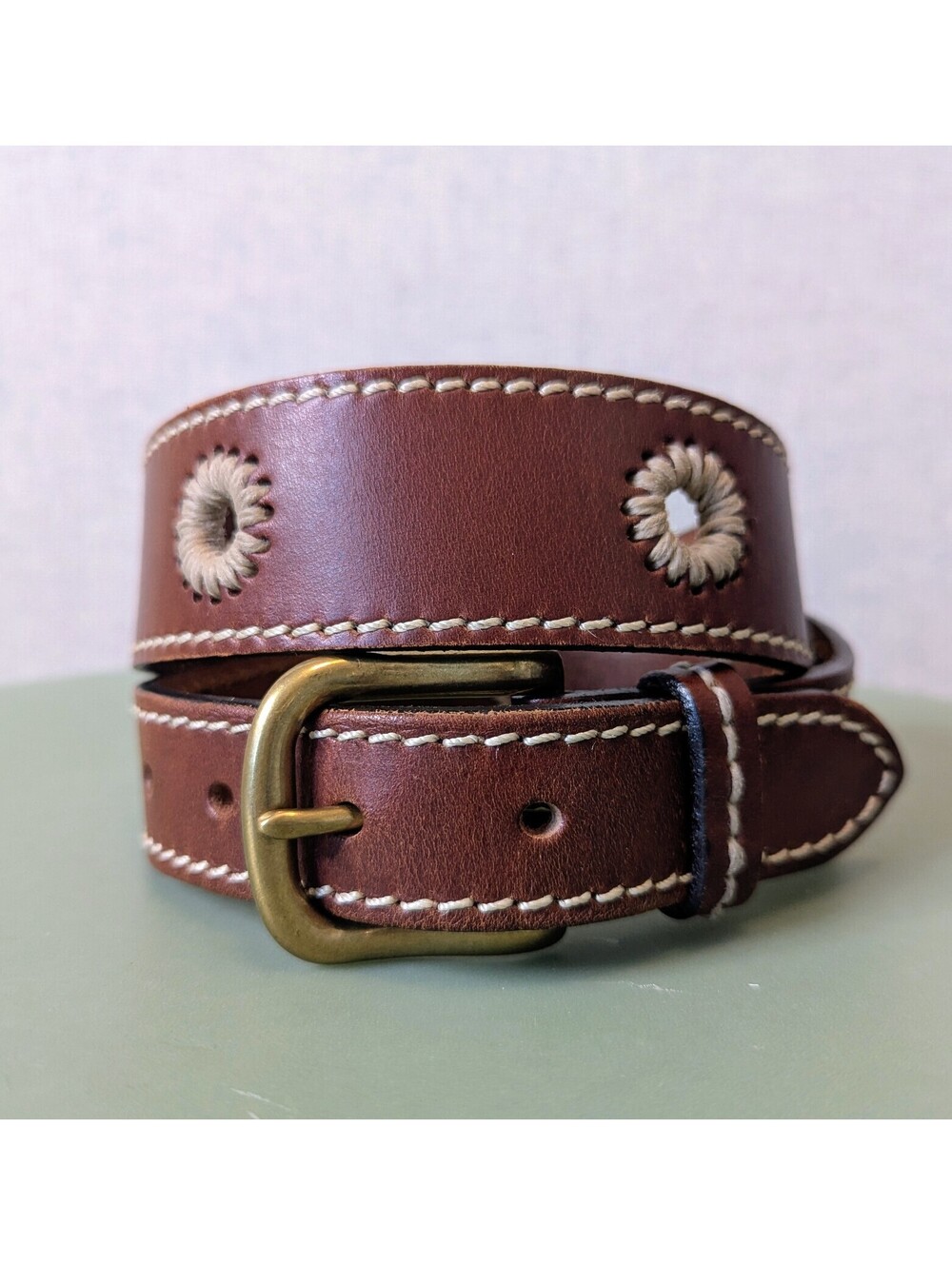 Vintage Eddie Bauer stitched grommet leather belt w/ solid brass buckle - Size S